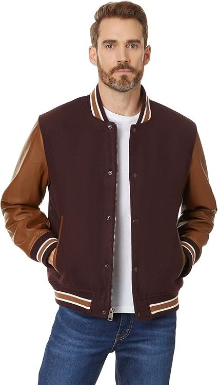 Men's Wool Blend Mixed Media Varsity Jacket Classic Letterman Bomber Style