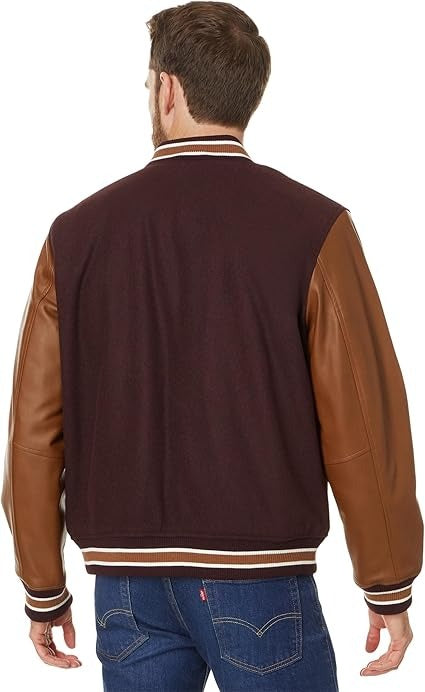 Men's Wool Blend Mixed Media Varsity Jacket Classic Letterman Bomber Style