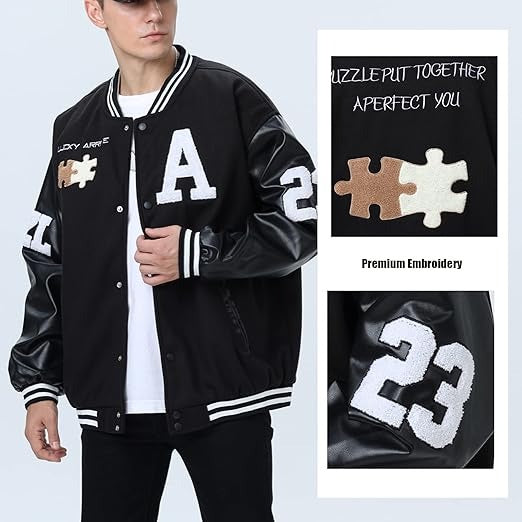 Men’s Varsity College Jacket Baseball Bomber Vintage Sweatshirt Casual Unisex Streetwear Coat with Patch