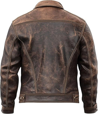 American Vintage Fashion Trucker Jacket for Men Denim Style Real Lambskin Leather Jacket