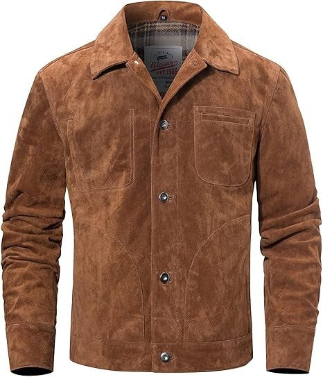 FLAVOR Men's Suede Leather Jacket Trucker Coat