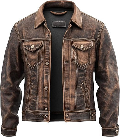 American Vintage Fashion Trucker Jacket for Men Denim Style Real Lambskin Leather Jacket