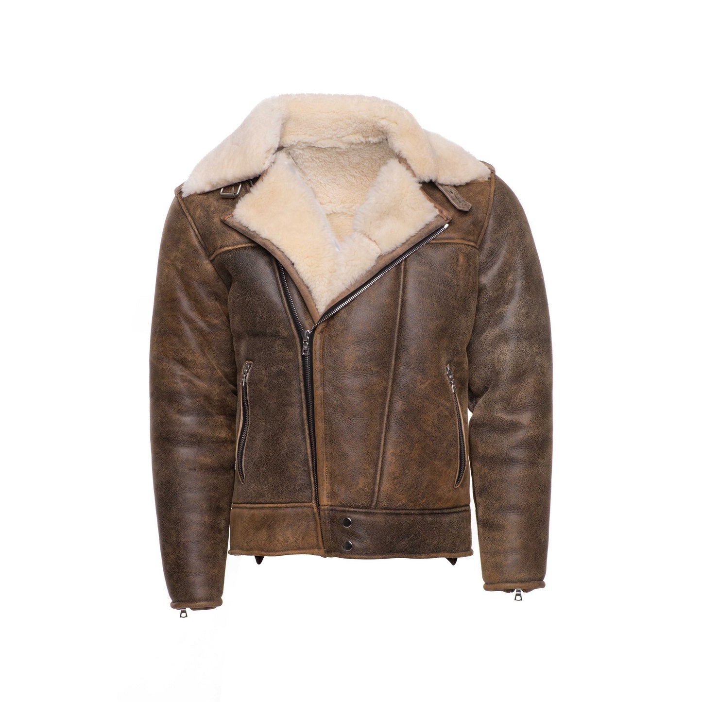 Carter's Distressed Biker Bomber Shearling Jacket with Notch Lapels