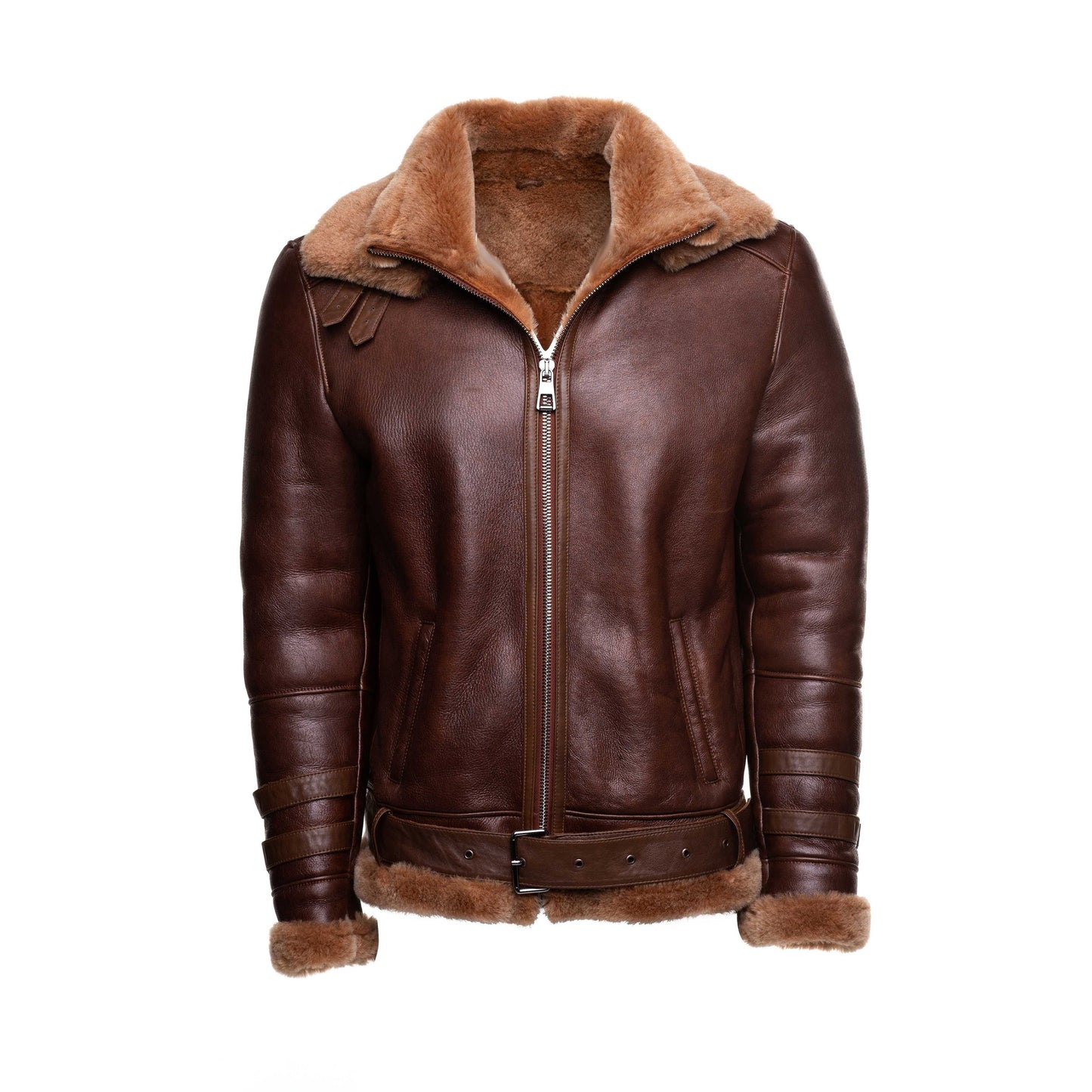 Phan's Brown Aviator Bomber Shearling Jacket with Waist Belt