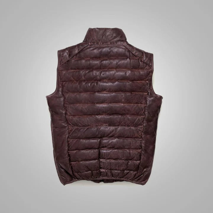 Men's Dark Brown Bubble Leather Down Vest - Premium Quality Insulated Leather Vest Avanzar Leather