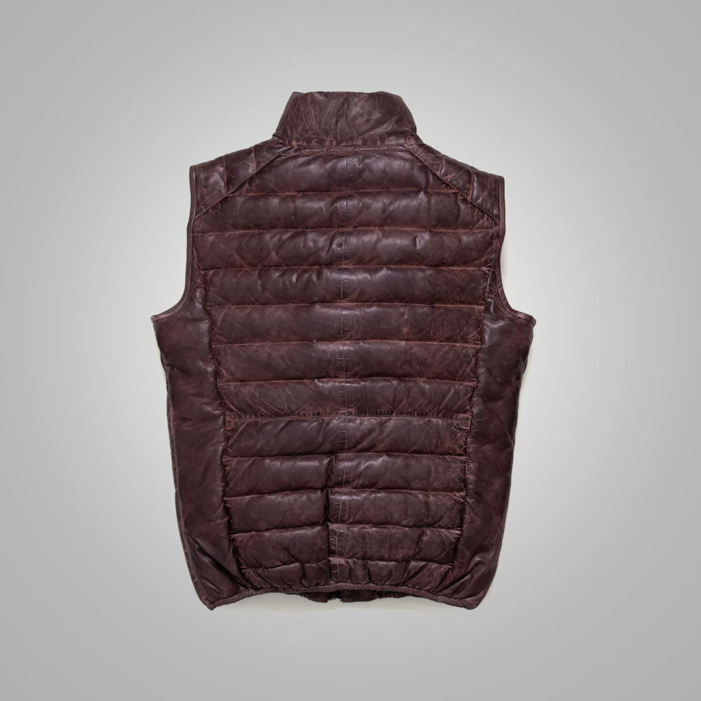 Men’s Dark Brown Bubble Leather Down Vest