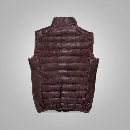 Men’s Dark Brown Bubble Leather Down Vest