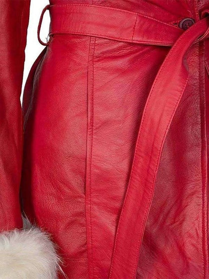 Women's Red Leather Santa Claus Coat with White Fur Trim