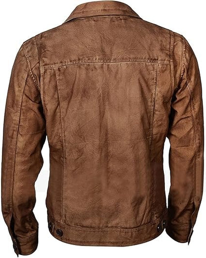 HIDE & SEEK Men's Vintage Waxed Brown Cowboy Luke Trucker Dutton Leather Jacket