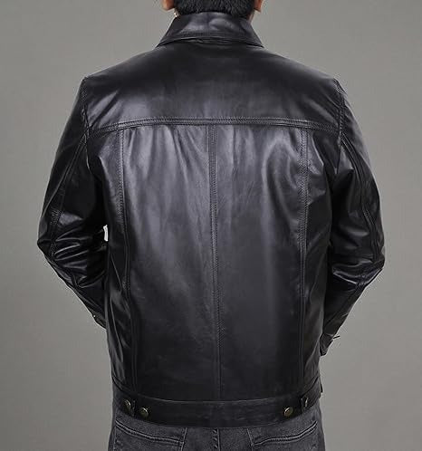 Vintage Style Trucker Jacket for Men Classic Motorcycle Leather Jacket with Collar