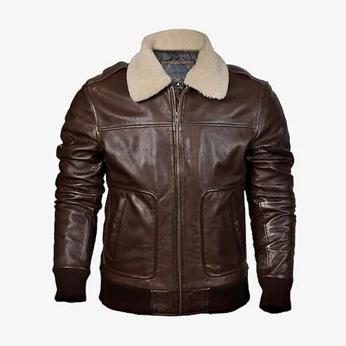 Men’s Classic Brown Aviator Sheepskin Leather Bomber Jacket - Timeless & Warm