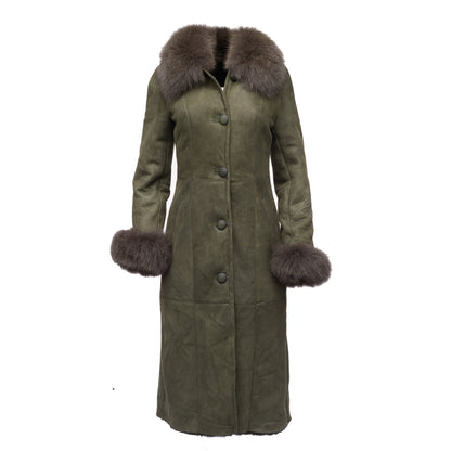 Caitlan's Shearling Sheepskin Long Coat with Fox Fur Trim