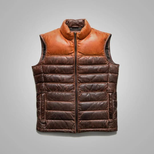 Men's Brown Genuine Bubble Leather Down Vest - Premium Quality Insulated Leather Vest Avanzar Leather