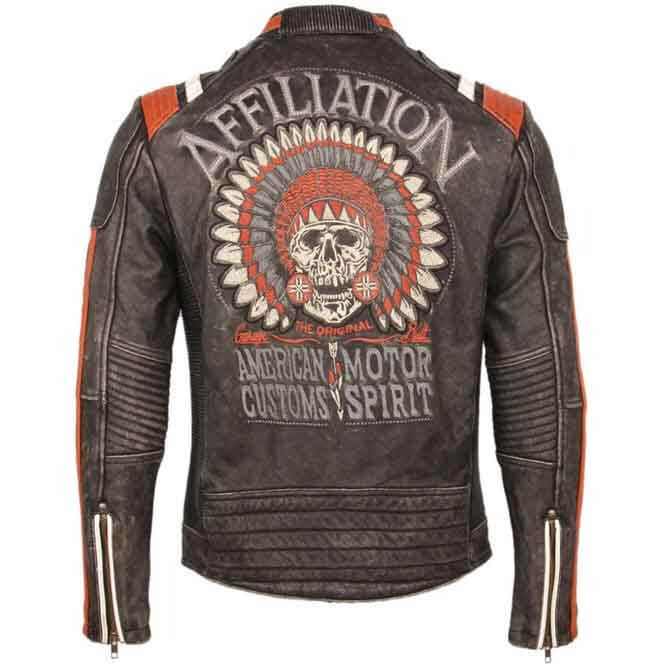 Affiliation Skull Embroidery Genuine Leather Motorcycle Jacket