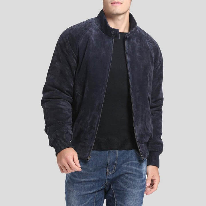 Admiral Navy Blue Suede Bomber Leather Jacket