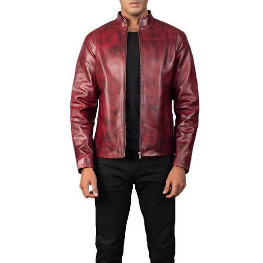 Alex Distressed Burgundy Biker Leather Jacket - Vintage Style