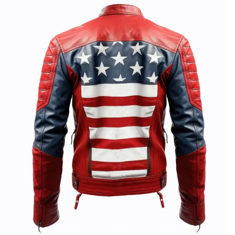 American Flag Casual Motorcycle Zipper Genuine Leather Jacket - Avanzar Leather