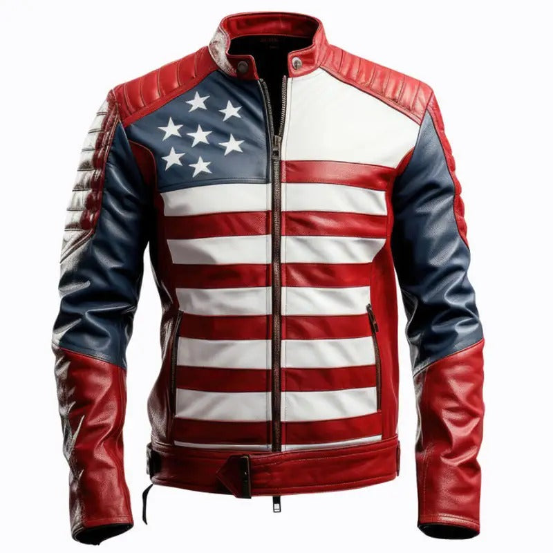 American Flag Casual Motorcycle Zipper Genuine Leather Jacket - Avanzar Leather