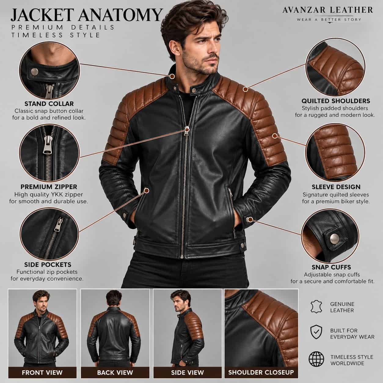 Anatomy detail of men's black and brown genuine leather biker jacket showing quilted shoulders, padded sleeves, front zipper, pockets and snap cuffs