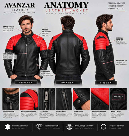 Anatomy detail of men’s black and red genuine leather moto jacket showing quilted shoulders, leather panels, zipper closure, pockets, stitching, cuffs and hem details