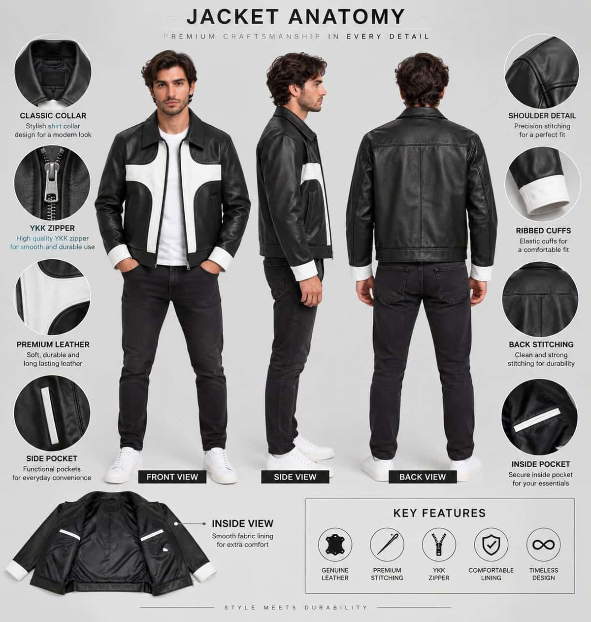 Anatomy detail of men’s black and white lambskin leather color block biker jacket showing leather panels, zipper closure, pockets, stitching, cuffs and hem details