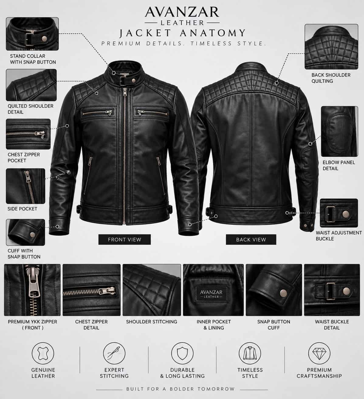 Anatomy detail of men’s black genuine leather biker jacket showing quilted shoulders, leather texture, zipper closure, pockets, stitching, cuffs and hem details