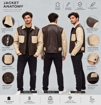 Anatomy detail of men’s brown and beige lambskin leather trucker jacket showing lambskin texture, collar, button closure, chest pockets, stitching, cuffs and hem details