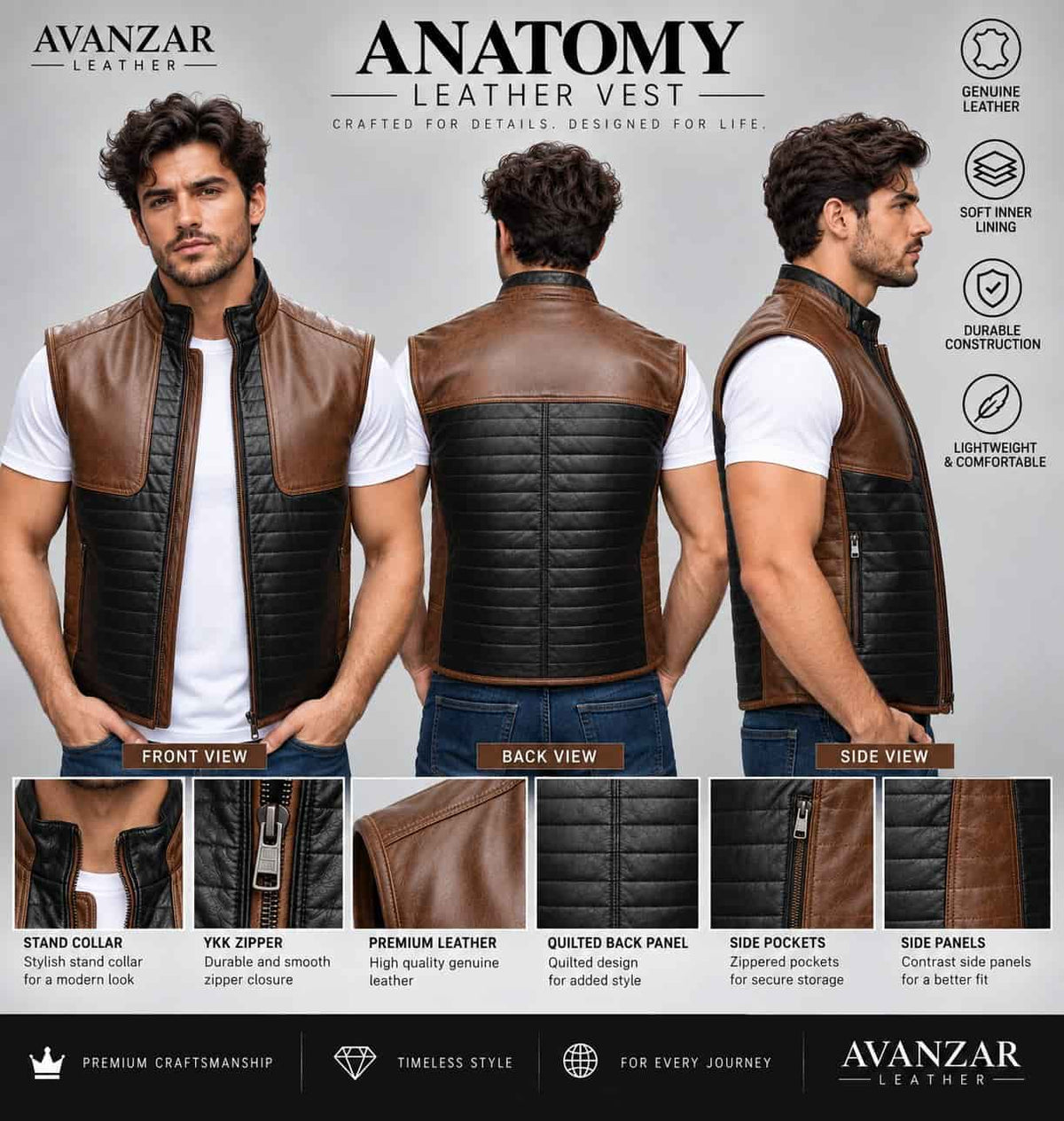 Anatomy detail of men’s brown and black genuine leather two tone biker vest showing leather texture, color block panels, button closure, pockets, stitching and hem details