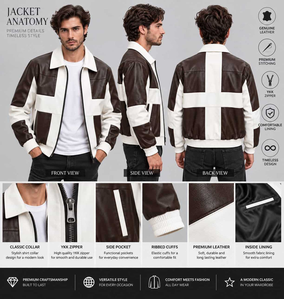 Anatomy detail of men’s brown and cream genuine lambskin leather bomber jacket showing lambskin texture, contrasting panels, ribbed collar, zipper closure, pockets, cuffs, stitching and hem details