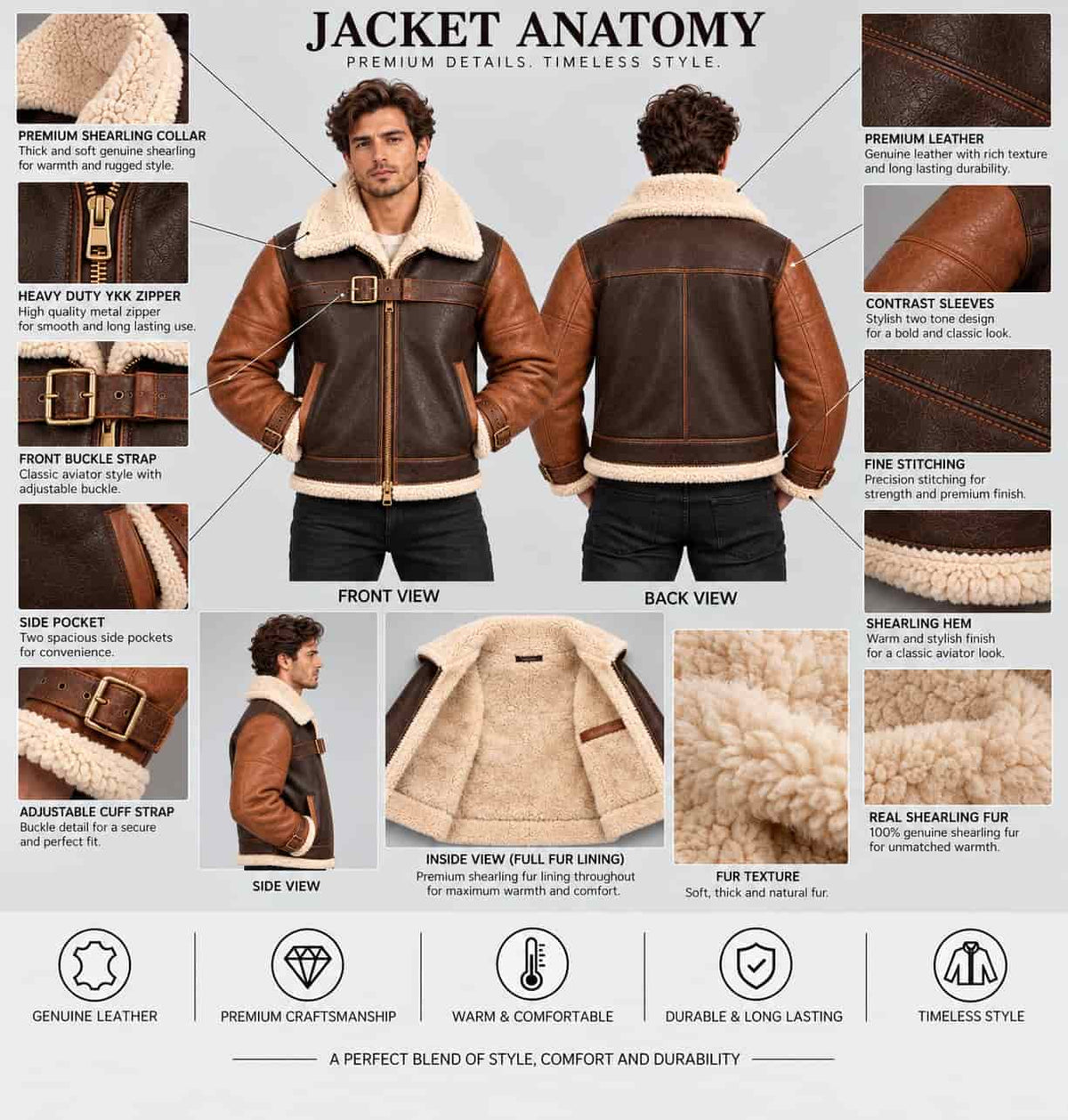 Anatomy detail of men’s brown genuine sheepskin leather aviator bomber jacket showing sheepskin texture, shearling collar, zipper closure, pockets, cuffs, stitching and hem details