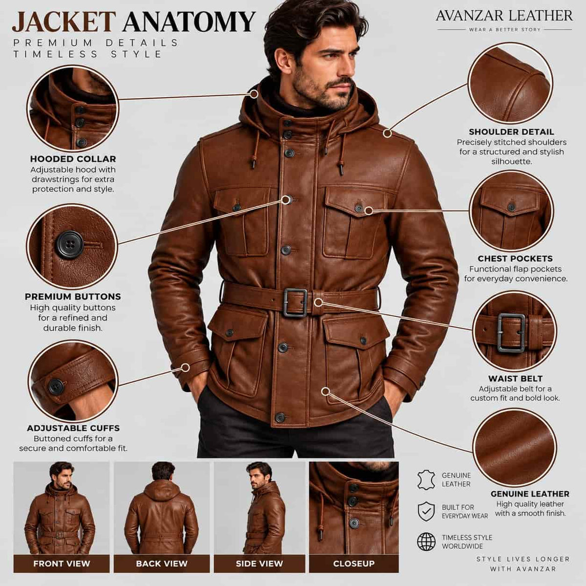 Anatomy detail of men’s handmade genuine sheepskin leather hooded motorcycle jacket showing leather texture, hood, front zipper, pockets, stitching, cuffs and hem details