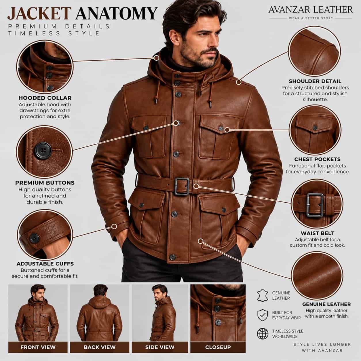Anatomy detail of men’s handmade genuine sheepskin leather hooded motorcycle jacket showing leather texture, hood, front zipper, pockets, stitching, cuffs and hem details