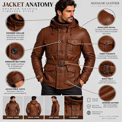 Anatomy detail of men’s handmade genuine sheepskin leather hooded motorcycle jacket showing leather texture, hood, front zipper, pockets, stitching, cuffs and hem details