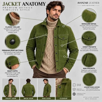 Anatomy detail of men’s handmade green genuine suede leather biker jacket showing suede texture, collar, button closure, chest pockets, stitching, cuffs and hem details