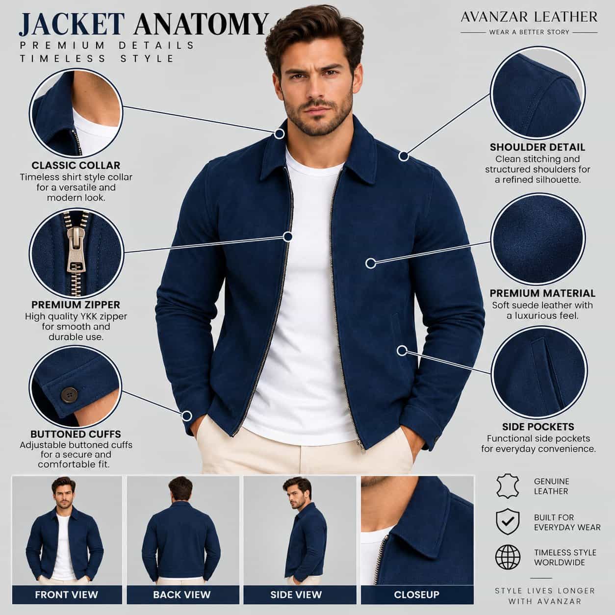 Anatomy detail of men’s handmade navy blue sheepskin suede leather biker jacket showing suede texture, collar, button closure, chest pockets, stitching, cuffs and hem details