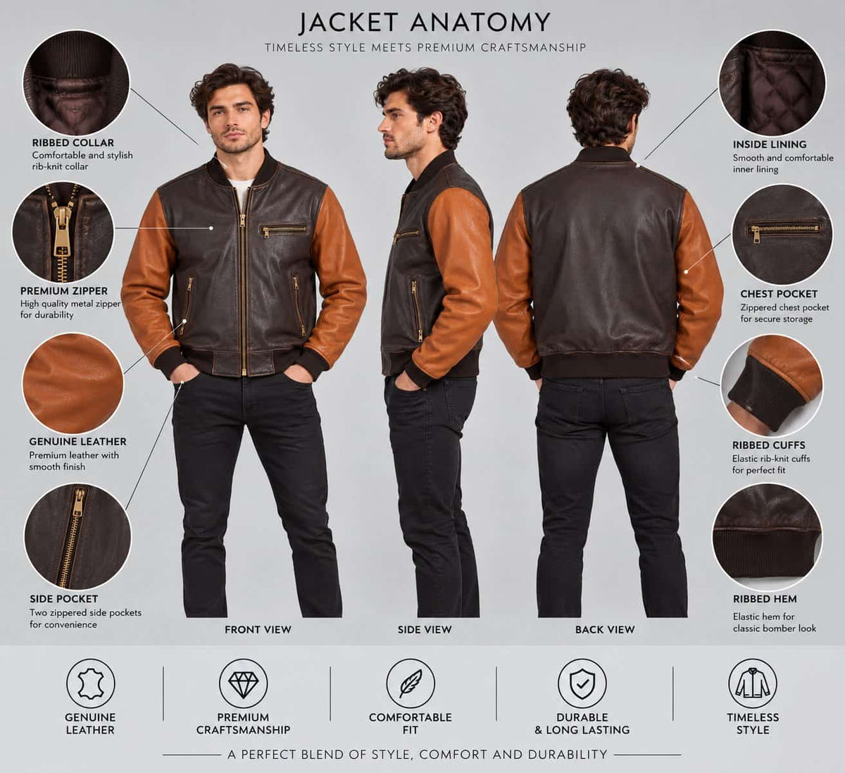 Anatomy detail of two tone genuine leather oversized bomber jacket showing leather panels, contrast sleeves, ribbed collar, zipper closure, pockets, cuffs, stitching and hem details