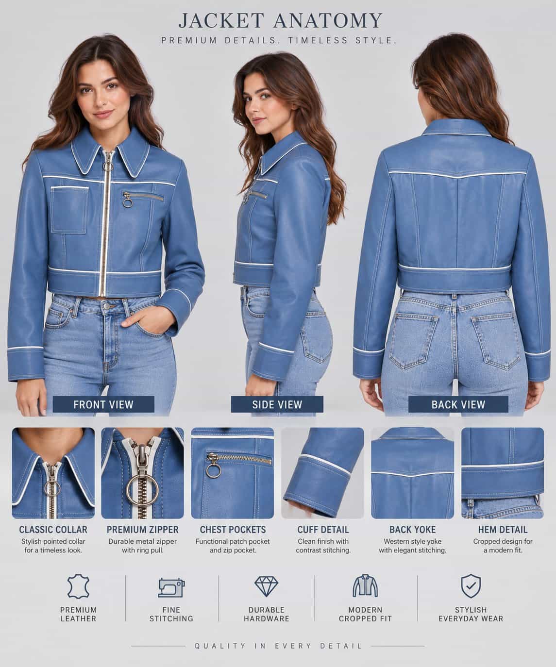 Anatomy detail of women’s dusty blue vintage lambskin leather biker jacket showing lambskin texture, collar, zipper closure, pockets, stitching, cuffs and hem details