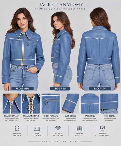 Anatomy detail of women’s dusty blue vintage lambskin leather biker jacket showing lambskin texture, collar, zipper closure, pockets, stitching, cuffs and hem details