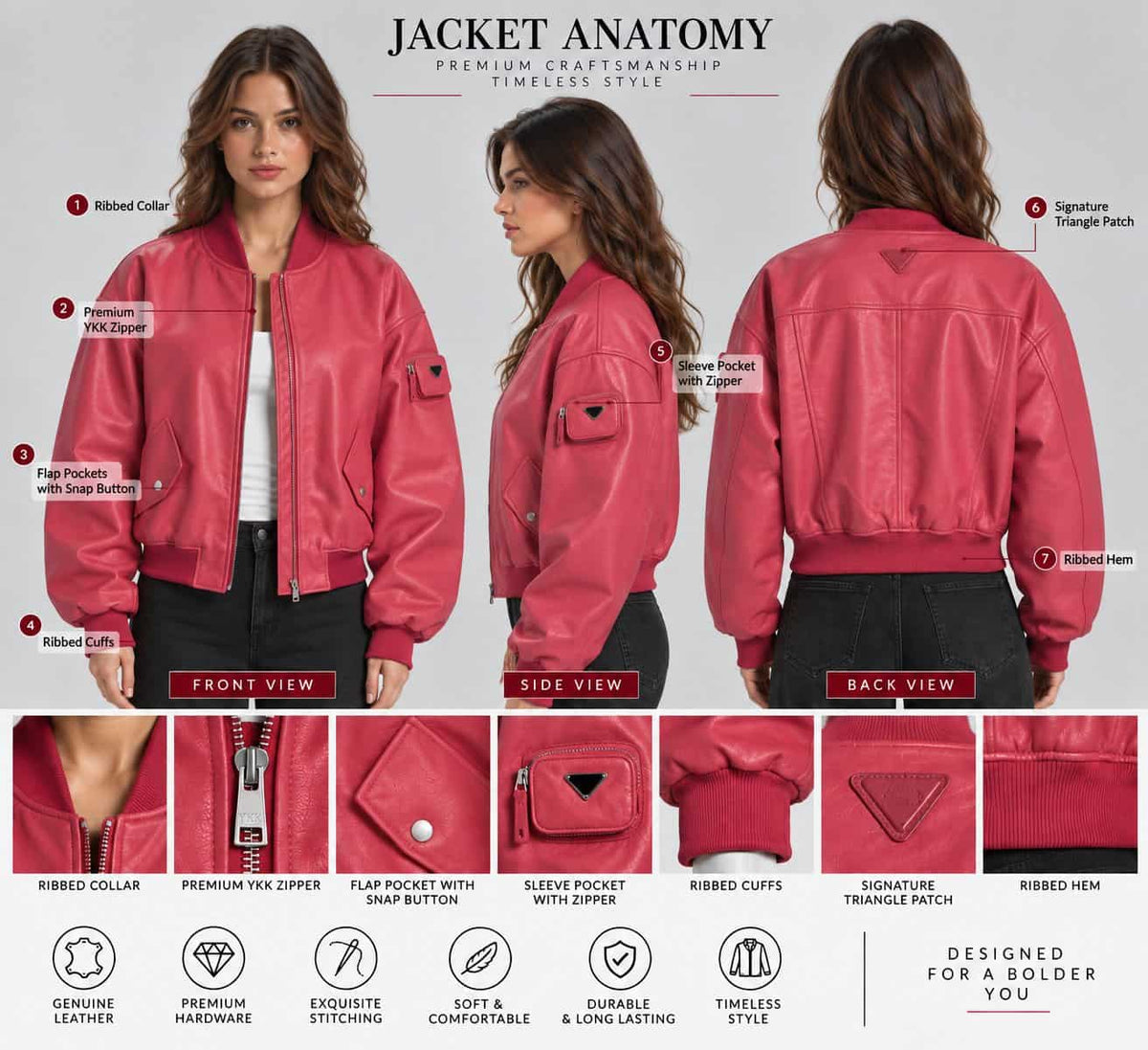 Anatomy detail of women’s pink genuine leather oversized bomber jacket showing leather texture, ribbed collar, zipper closure, pockets, cuffs, stitching and hem details