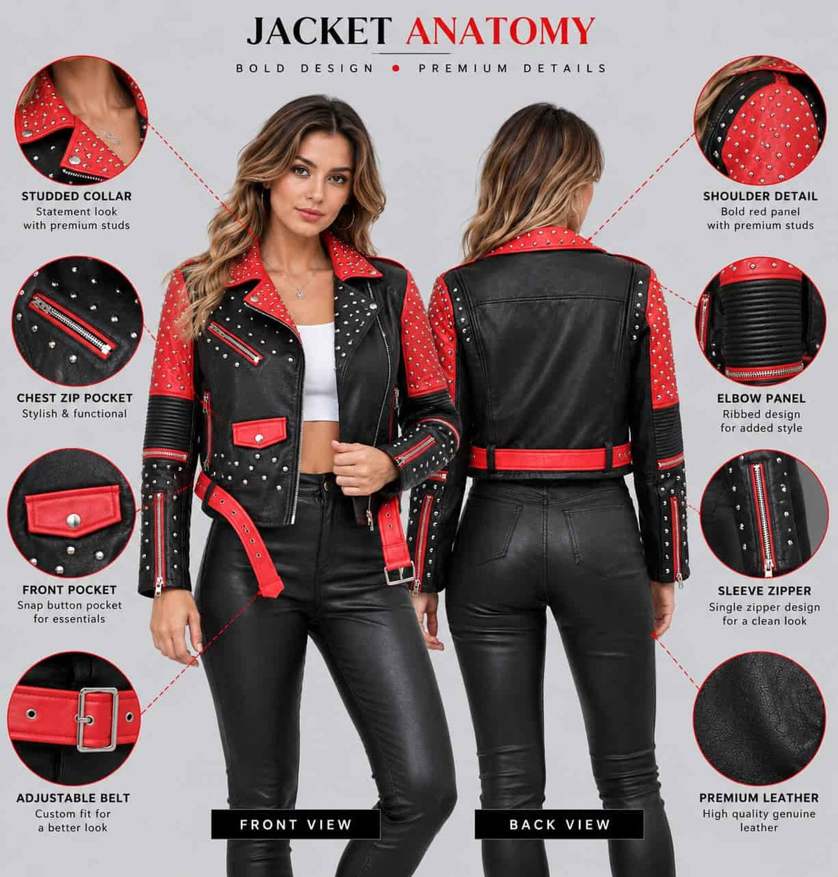 Anatomy detail of women’s red and black studded genuine leather biker jacket showing leather panels, metal studs, zipper closure, pockets, stitching, cuffs and hem details