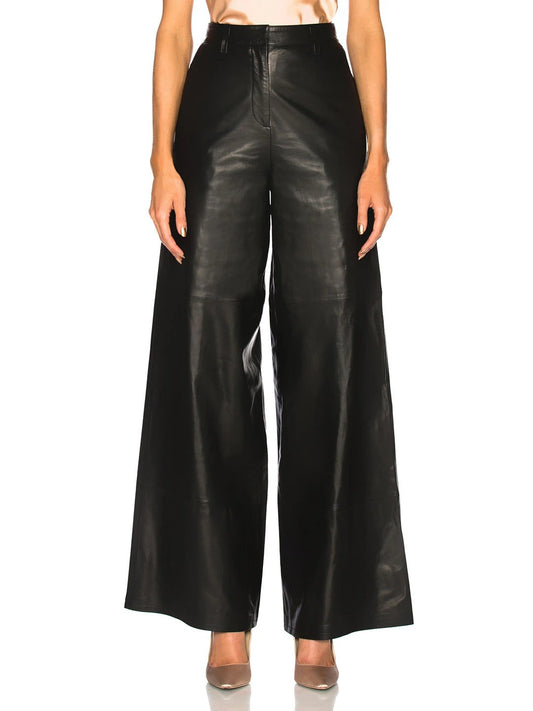 Ankle-Length Wide-Leg High-Waisted Leather Trousers for Women