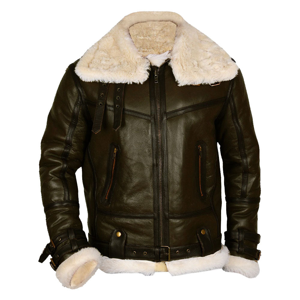 Army Green Men’s B3 Bomber Shearling Leather Jacket - Classic Military Warmth