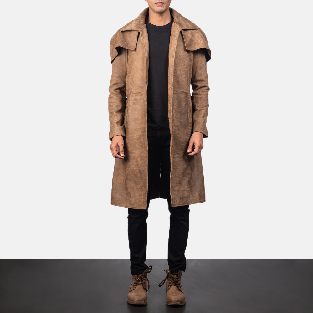 Army Brown Sheepskin Leather Duster Coat