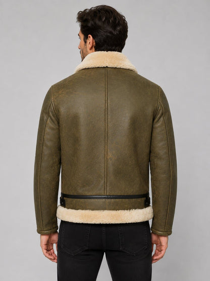 Army Green Genuine Leather Shearling Aviator Jacket – Rugged Appeal back view by avanzar leather
