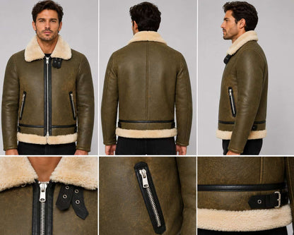 Army Green Genuine Leather Shearling Aviator Jacket – Rugged Appeal closeup view by avanzar leather