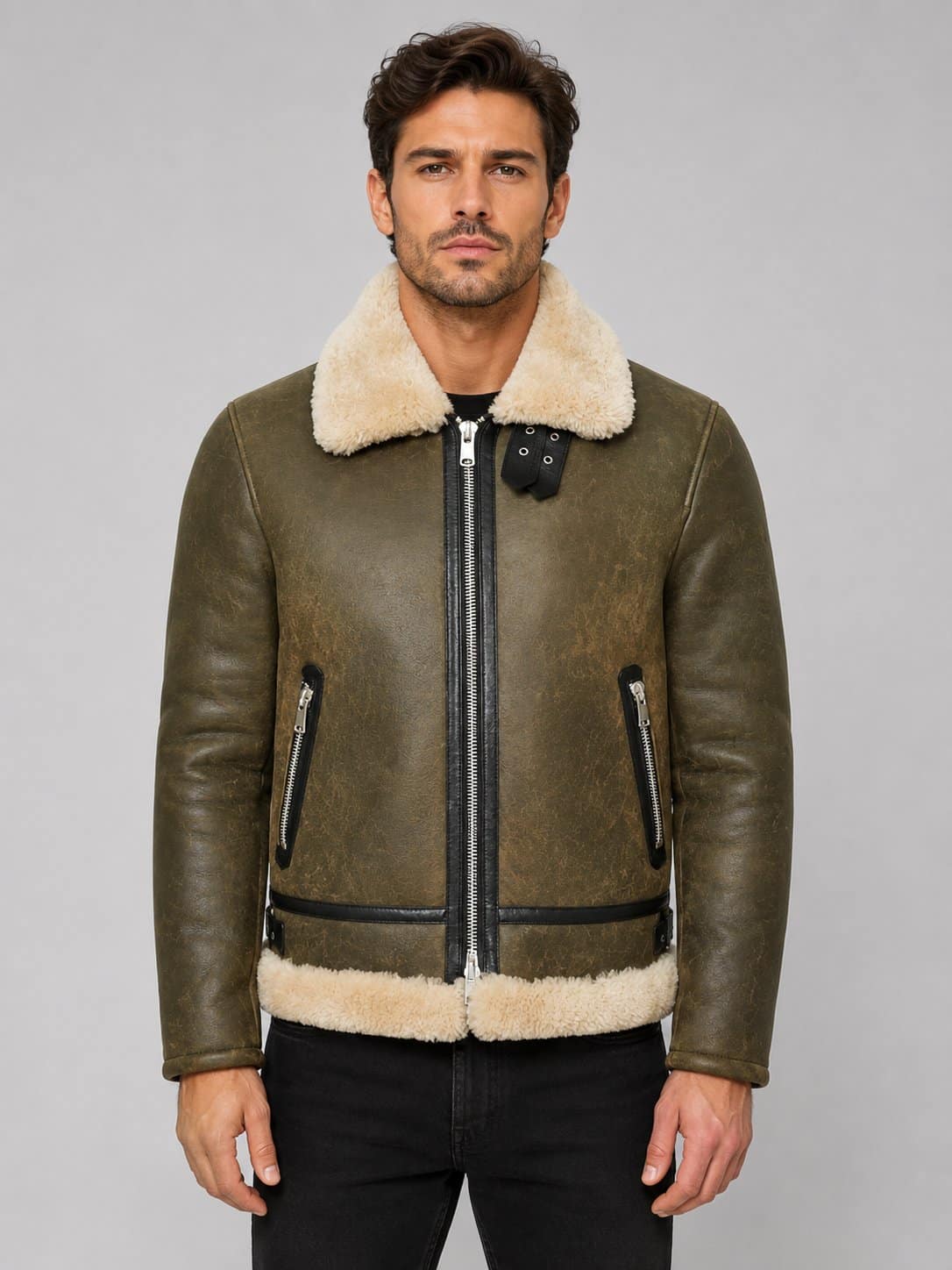 Army Green Genuine Leather Shearling Aviator Jacket – Rugged Appeal front view by avanzar leather