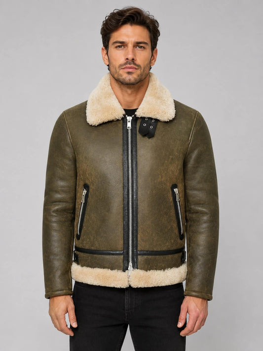 Army Green Genuine Leather Shearling Aviator Jacket – Rugged Appeal front view by avanzar leather