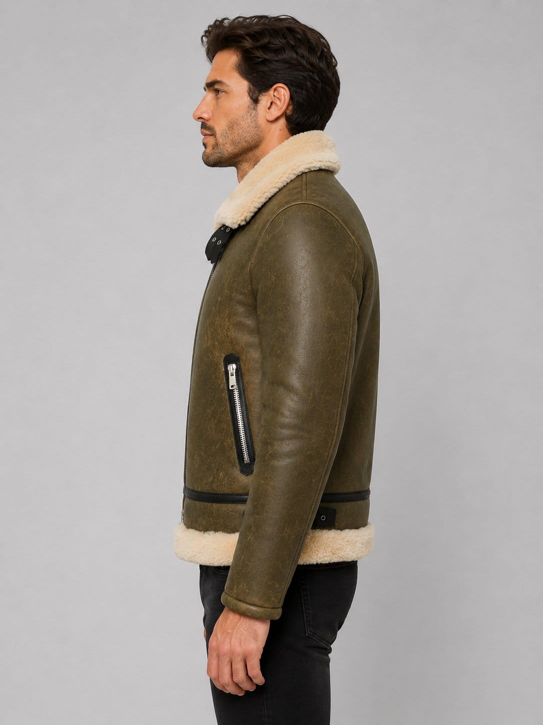 Army Green Genuine Leather Shearling Aviator Jacket – Rugged Appeal sid view by avanzar leather
