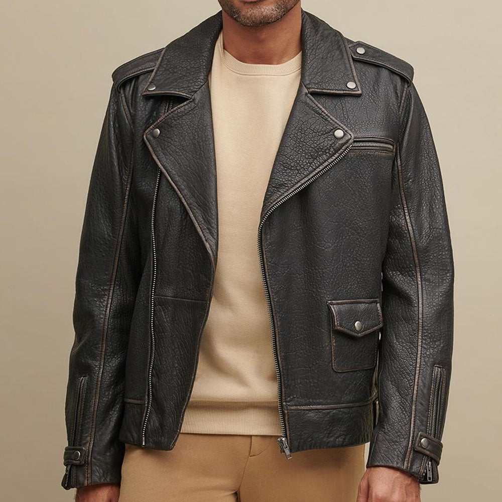 Men’s Asymmetrical Leather Biker Jacket