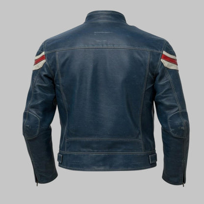 Avanzar Blue Leather Racer Moto Biker Jacket with Stripes